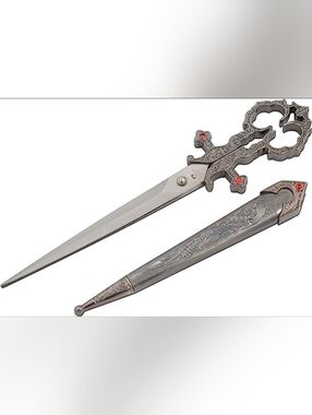 10" Renaissance Silver Hilt Scissors Dagger Medieval Style Letter Opener w/ Red